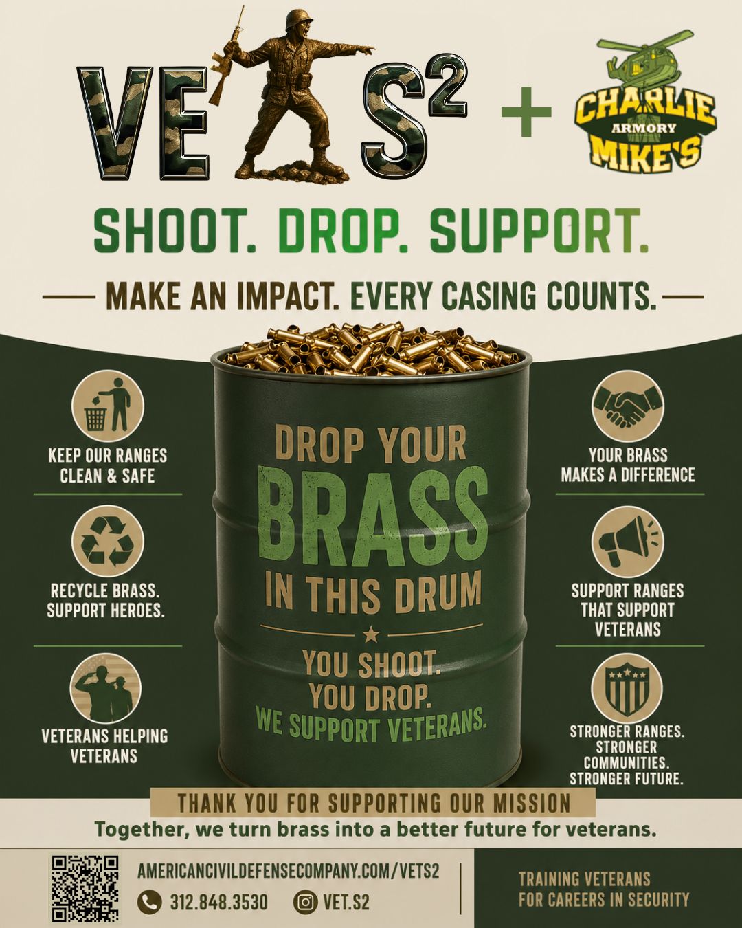 Shoot. Drop. Support. — VETS² and Charlie Mike's Armory brass recycling campaign flyer