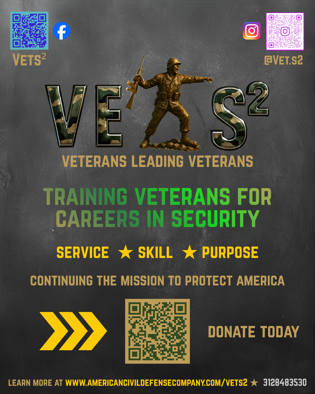 VETS² flyer — Continuing the Mission to Protect America. Donate today, with QR codes to our Facebook, Instagram, and Donorbox donation page.